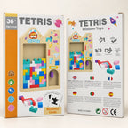 Vista frontal y trasera de la caja del Puzzle Tetris de madera, con imágenes del tablero, bloques de colores y tarjetas de figuras.