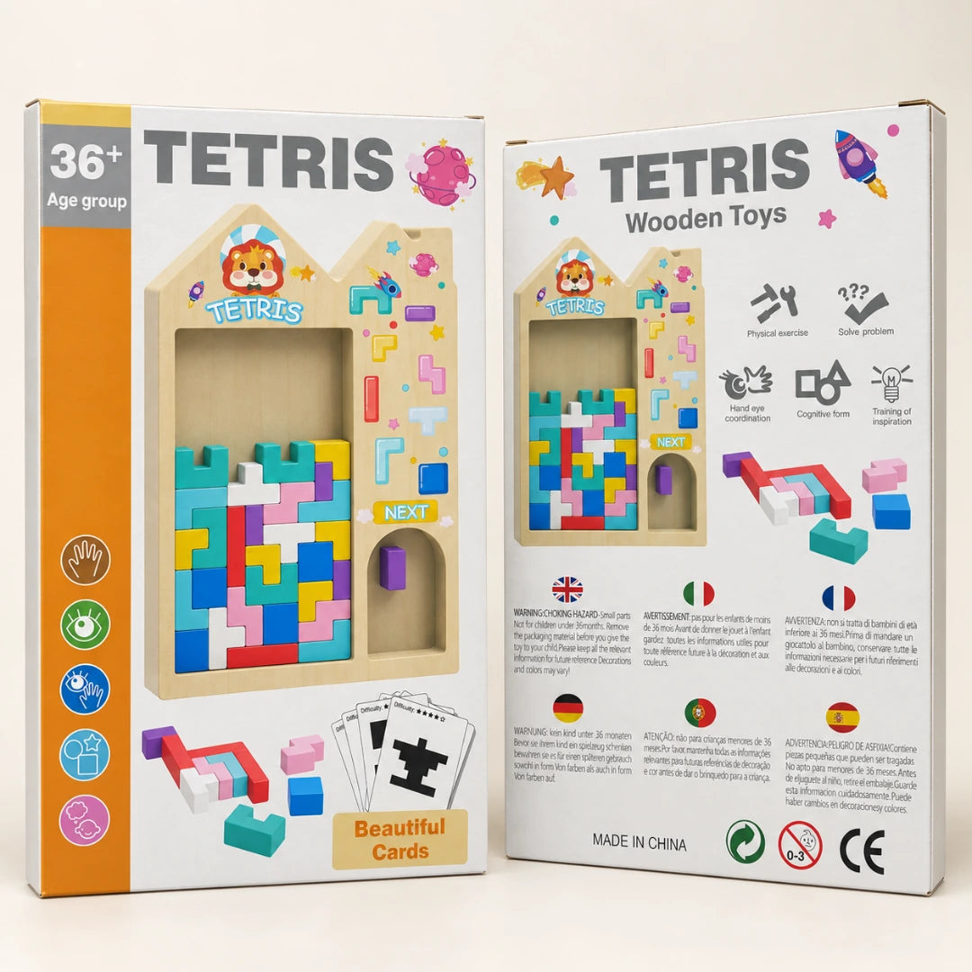 Vista frontal y trasera de la caja del Puzzle Tetris de madera, con imágenes del tablero, bloques de colores y tarjetas de figuras.
