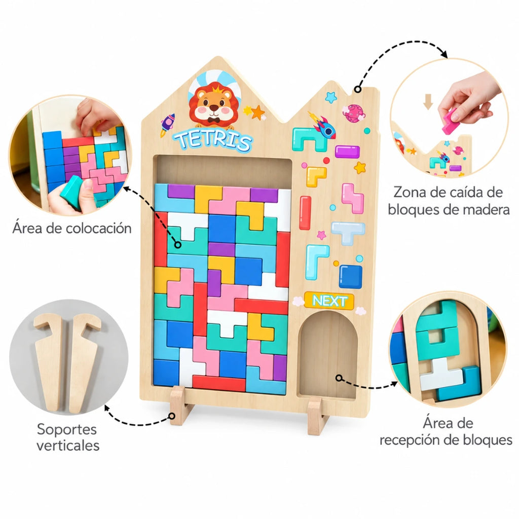 Puzzle Tetris de madera con detalles del área de colocación, entrada y recepción de bloques y soportes verticales.