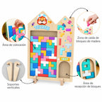 Puzzle Tetris de madera con detalles del área de colocación, entrada y recepción de bloques y soportes verticales.