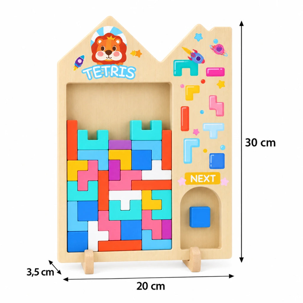 Puzzle Tetris de madera con soportes y medidas señaladas de 30 cm de alto, 20 cm de ancho y 3,5 cm de profundidad.