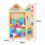 Puzzle Tetris de madera con soportes y medidas señaladas de 30 cm de alto, 20 cm de ancho y 3,5 cm de profundidad.