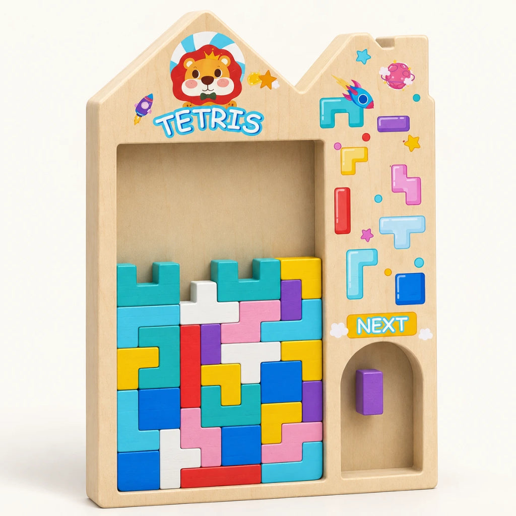 Puzzle Tetris de madera con tablero en forma de casita, piezas de colores encajadas y compartimento lateral con un bloque morado.